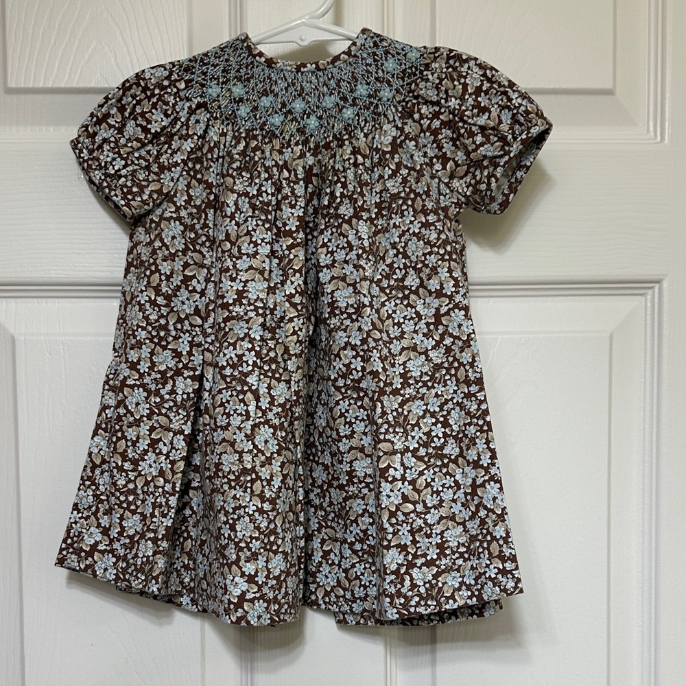 Luli & Me Elegant Brown and Blue Floral Smocked Dress